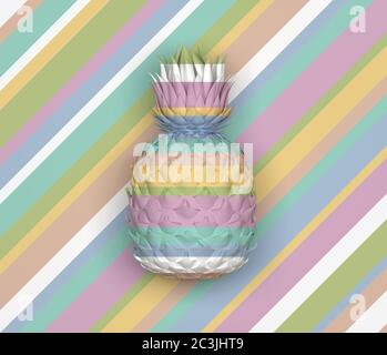 Pineapple on a background in multi-colored horizontal stripes. Pineapple protuberant and blends with background. Pastel colors. Tropical exotic fruit. Stock Photo