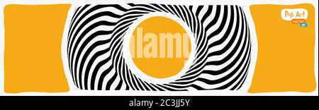 Abstract op art vector illustration, yellow orange background. Pop art circular hipnotic lines with optical illusion 3d illustration. Stock Vector