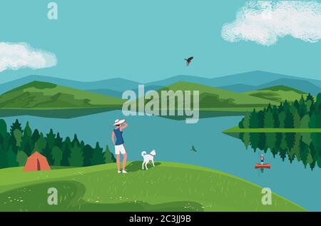 Mountain green valley lake landscape. Summer season scenic view poster. River side in mountains cartoon illustration. Adult couple with dog resting on Stock Vector