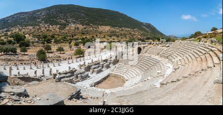 Panorama of Amphitheater (Coliseum) in ancient city Ephesus, Turkey in a beautiful summer day Stock Photo