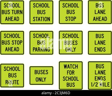 School Bus Road Signs, Turn Ahead, Station, Stop, Parking, Buses Only, Route, Watch For School Bus, Lane Ahead, Lane Ends, Vector Illustration Stock Vector
