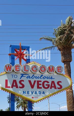 LAS VEGAS, NV -6 JUN 2020- Day view of the famous Welcome to Fabulous Las Vegas neon sign, erected in 1959, at the southern end of the Las Vegas Strip Stock Photo