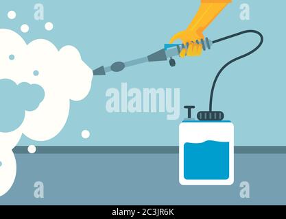 disinfect and clean activity with hand using sprayer machine vector illustration design Stock Vector