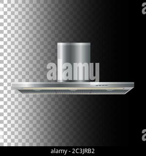 Cooker hood icon isolated on transparent background. Modern silver kitchen hood with buttons and light. Home appliance concept. Front view. Vector illustration. Stock Vector