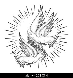 Two Doves flying with a twig. Dove Of Peace Concept Tattoo. Vector illustration. Stock Vector