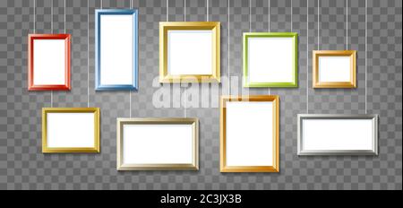 Group of Colorful Picture or Photo Frames on Transparent Background.  Vector illustration. Stock Vector
