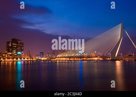 Night View of Erasmus Bridge in Rotterdam City Stock Photo