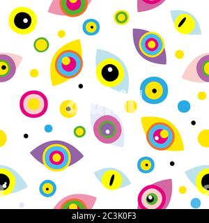 Seamless pattern with abstract geometric shapes, eyes, dots on white background Stock Vector
