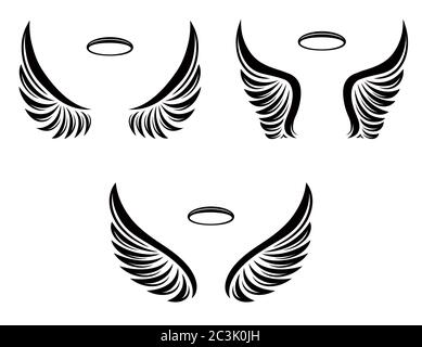Set of three pairs of vector angel wings with nimbus Stock Vector