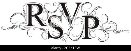 RSVP (Please respond) rich decorated text composition with floral design. Stock Vector