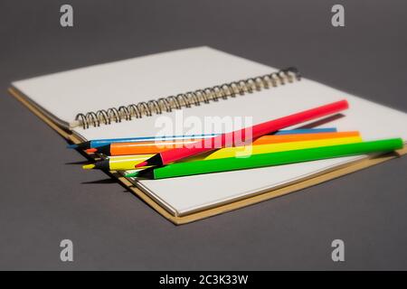 color pencils lie on an open notebook with white pages, gray background Stock Photo