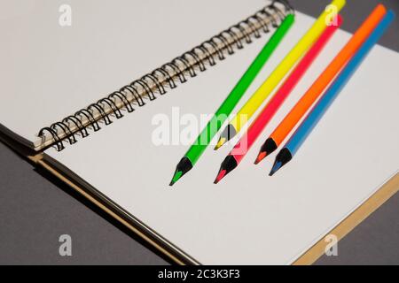 school notebook on  gray background,  spiral notebook with white pages, color pencils lie on  page Stock Photo
