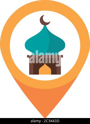 eid mubarak mosque cupule in pin location flat style icon vector illustration design Stock Vector