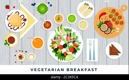 Vector illustration vegetarian useful food on wooden groundwork in flat design. Stock Vector