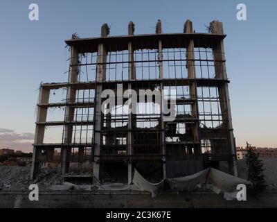 Madrid, Spain. 20th June, 2020. Front view of the remains of the last stage of Vicente Calderon Stadium demolition, former Atletico Madrid's stadium, during sunset. © Valentin Sama-Rojo/Alamy Live News. Stock Photo