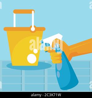 disinfect and clean activity with hand using splash bottle and bucket vector illustration design Stock Vector
