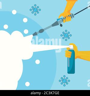 disinfect and clean activity with hand using splash bottle and sprayer vector illustration design Stock Vector