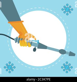 disinfect and clean activity with hand using sprayer machine vector illustration design Stock Vector