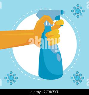 disinfect and clean activity with hand using splash bottle vector illustration design Stock Vector
