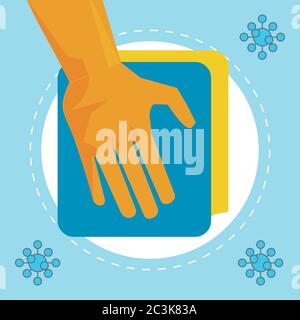 disinfect and clean activity with hand using cleaner cloths vector illustration design Stock Vector