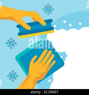 disinfect and clean activity with hand using cleaner cloths and spongue vector illustration design Stock Vector