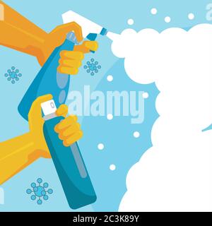 disinfect and clean activity with hands using splash bottles vector illustration design Stock Vector