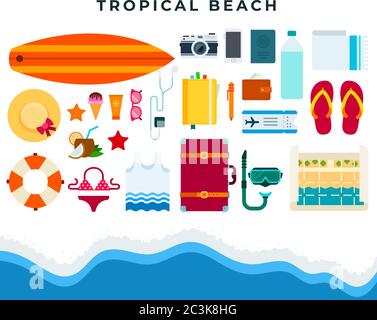 Tropical beach rest, set of summer beach accessories. Vector flat illustration. Stock Vector
