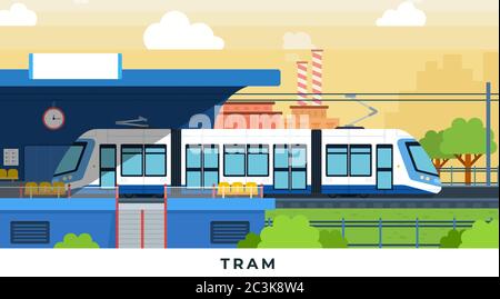 Tram on the city street near the station vector illustration in flat design. Stock Vector