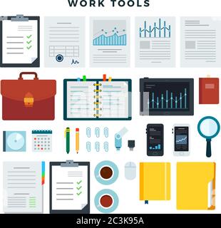 Office work tools. Paperwork and business work elements, set. Mobile devices and documents. Vector illustration. Stock Vector
