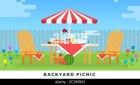 Picnic in summer on backyard. Vector flat illustrations. Outdoor picnic under an umbrella. Stock Vector