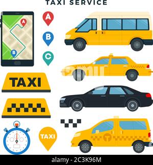 Different types of taxi cars and taxi signs, taxi booking mobile app, set of elements. Vector illustration, isolated on white. Stock Vector