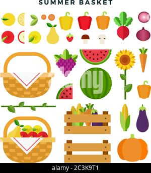 Summer basket with fresh fruits and vegetables. Healthy eating concept. Fruits, vegetables, sunflower, isolated on white background. Vector flat Stock Vector
