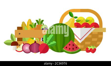 Illustration of garden products, vegetables, fruits, berries in box and basket vector illustration Stock Vector