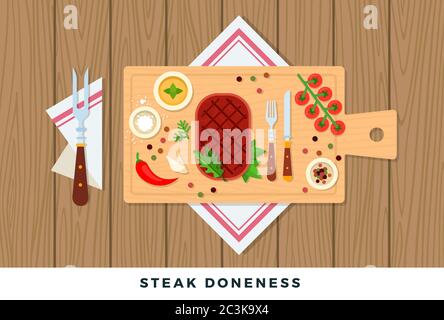 Steak doneness vector flat illustration. Concept of ready meat on wooden board with spices. Stock Vector