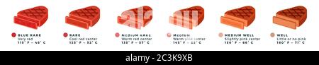 Medium, rare and well done meat. Differently cooked pieces of beef isolated on white backdrop. Stock Vector