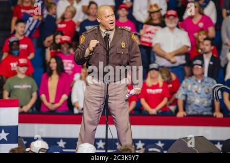 Tulsa, United States. 20th June, 2020. Tulsa Sheriff Vic Regalado speaks at a campaign rally at the Bank of Oklahoma Center in Tulsa, Oklahoma on Saturday, June 20, 2020. President Donald Trump's campaign rally in Tulsa comes as coronavirus cases are on the rise in many states across the country. Photo by Kyle Rivas/UPI Credit: UPI/Ģ����ý Live News Stock Photo