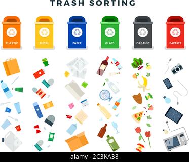 Garbage cans with sorted garbage. Ecology and Sorting garbage flat vector. Recycle trash cans Stock Vector