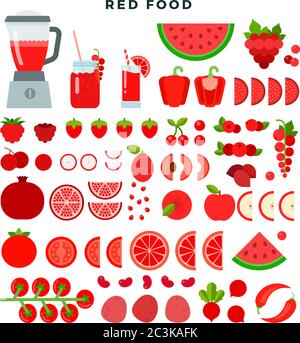 Collection of red food vegetables, fruits and juices, flat icon set. Vector illustration. Stock Vector