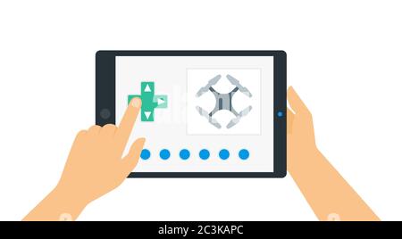 Man hands holding a tablet with drone control application vector illustration in a flat design. Stock Vector