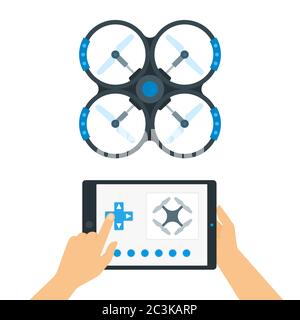 Man controls a drone using a mobile application on a gadget vector illustration in a flat design. Stock Vector