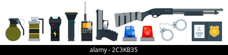 Set vector icons of police officer equipment in flat design. Police outfit, protection of citizens. Stock Vector