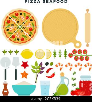 Pizza with seafood and all ingredients for cooking it. Make your pizza. Set of products and tools for pizza making. Vector illustration. Stock Vector