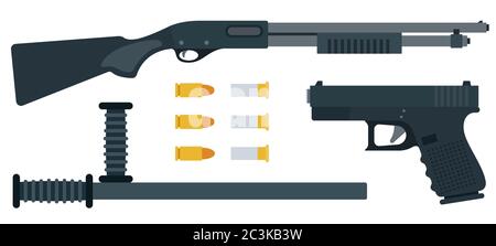 Illustration of different types of police weapons vector icon flat isolated Stock Vector