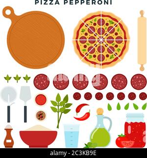 Pizza pepperoni and all ingredients for cooking it. Make your pizza. Set of products and tools for pizza making. Vector illustration. Stock Vector