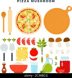 Pizza with mushrooms and all ingredients for cooking it. Make your pizza. Set of products and tools for pizza making. Vector illustration. Stock Vector