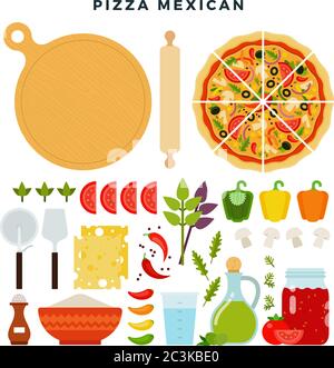 Pizza mexican and all ingredients for cooking it. Make your pizza. Set of products and tools for pizza making. Vector illustration. Stock Vector