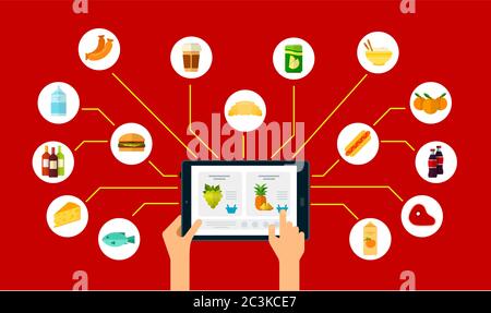 Adding food to order online using a tablet flat vector set Stock Vector