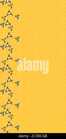 Row of bouncing Triangles vertical border with yellow background Hand drawn vector seamless repeat pattern with doodles. seamless surface design Stock Vector