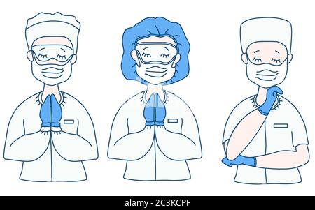 Surgeon and doctors in medical white overalls and protection against the virus - mask, glasses, hat, blue gloves. The doctor crossed his arms, closed Stock Vector