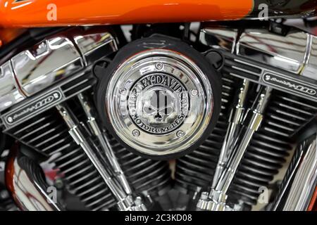 Moscow. November 2018. Orange Harley Davidson stands in the garage..twin cam screamin eagle 110 engine Stock Photo